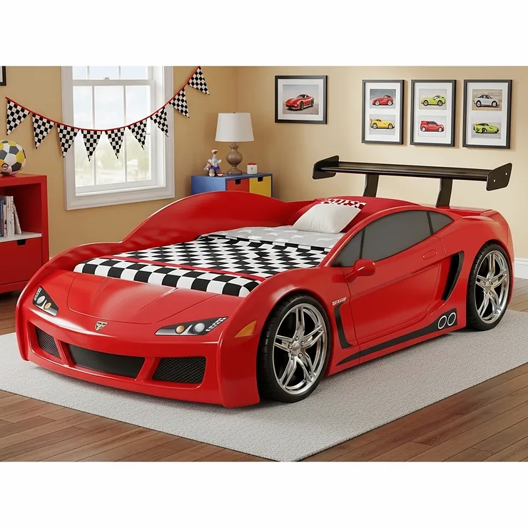 A vibrant red race car bed for kids, featuring realistic wheels and a sleek spoiler, designed to look like a sports car.
