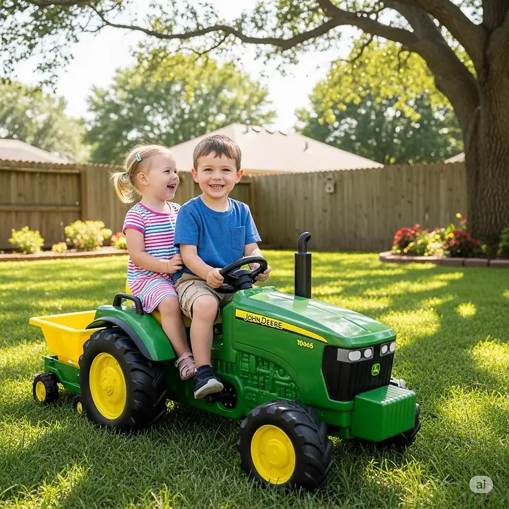 Two siblings sharing a large John Deere tractor ride-on toy in a backyard.