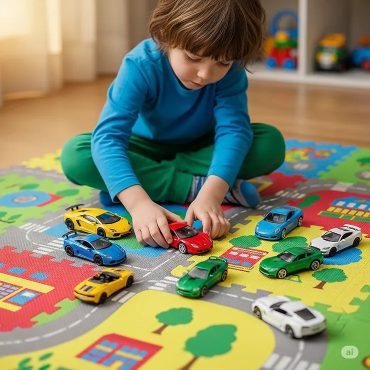 A child playing with several toy sports cars on a colorful play mat.