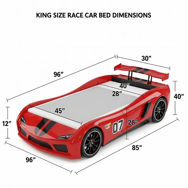 Detailed diagram illustrating the exact dimensions of the king size race car bed, including length, width, and height for easy planning.