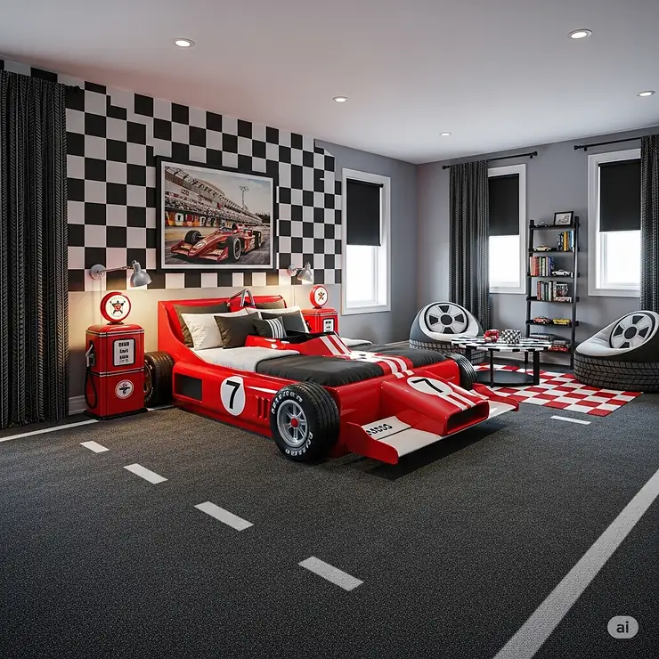 A full shot of a themed bedroom featuring the king size race car bed, offering inspiration for a complete room design.