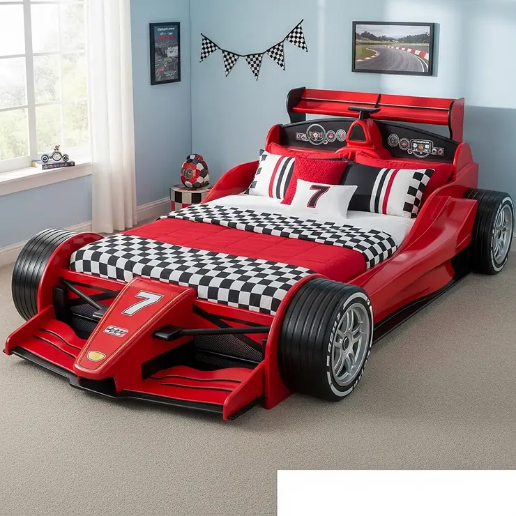 A stunning, realistic king size race car bed with a sleek red finish and working headlights, shown in a modern child's bedroom. race car bed for adults