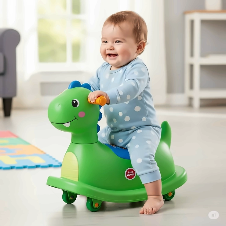 A smiling baby rides a green dinosaur-themed ride-on toy, pushing along with their feet.