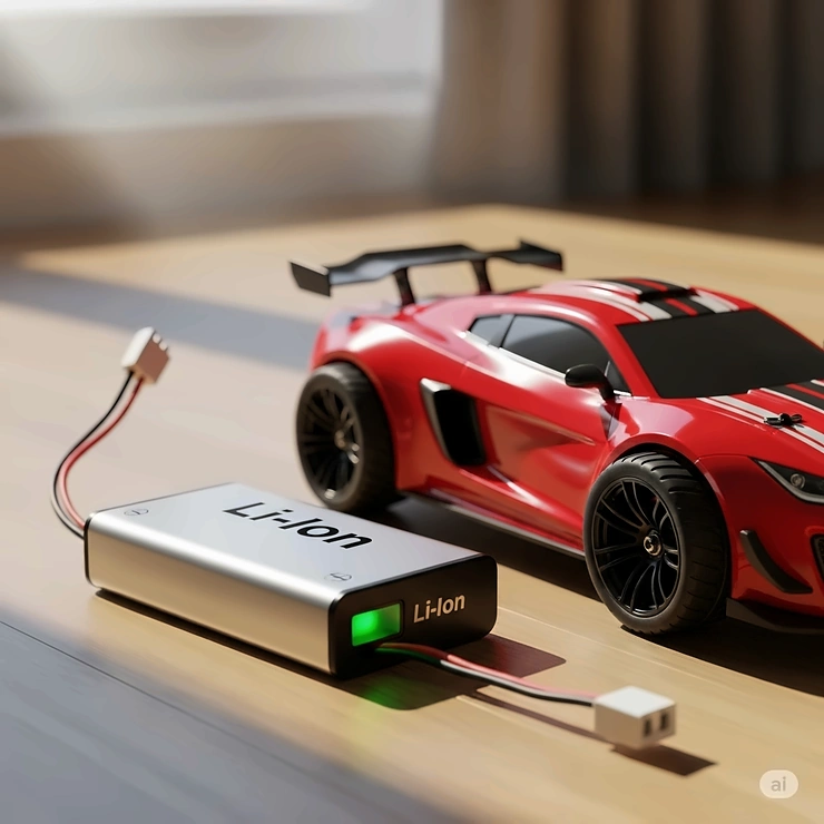 An image of a rechargeable lithium-ion battery next to a remote control car, indicating a long-lasting playtime for kids.