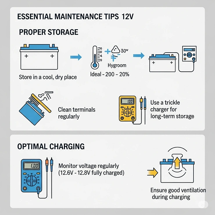 An infographic illustrating important maintenance tips for a 12v battery, such as proper storage and charging to extend its lifespan.