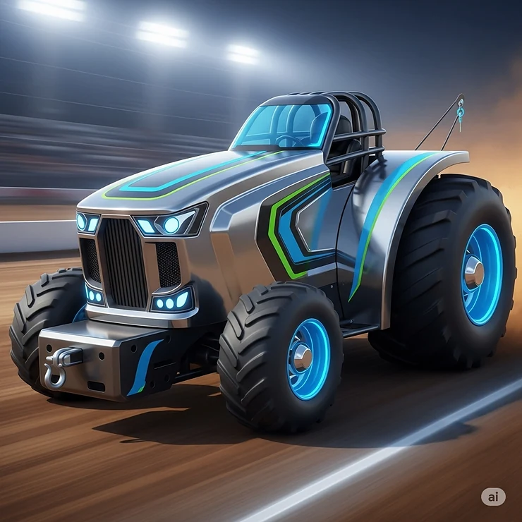 An illustration of a sleek, modern toy pulling tractor with a futuristic design.