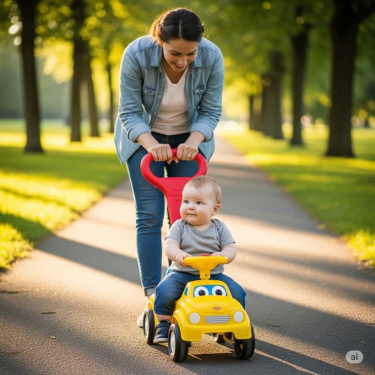A parent gently pushes a 1-year-old in a ride-on toy with a secure handle, perfect for supervised walks outside.