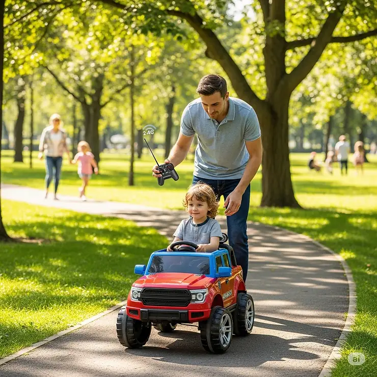 A parent uses a 2.4G parental remote control to steer their child's ride-on truck safely around the park.