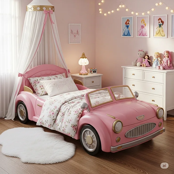 A young girl's bedroom featuring a charming pink princess car bed, decorated with floral bedding and a canopy.