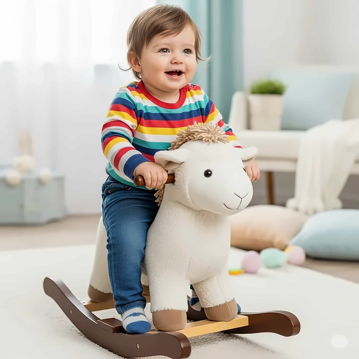 A 12-month-old toddler sits on a plush rocking horse, holding onto the wooden handles, a great soft ride-on toy.