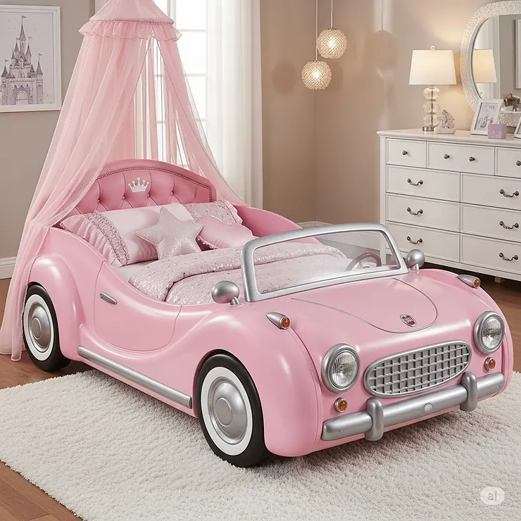 A unique pink car bed shaped like a classic vintage convertible, perfect for a girl's princess-themed bedroom.