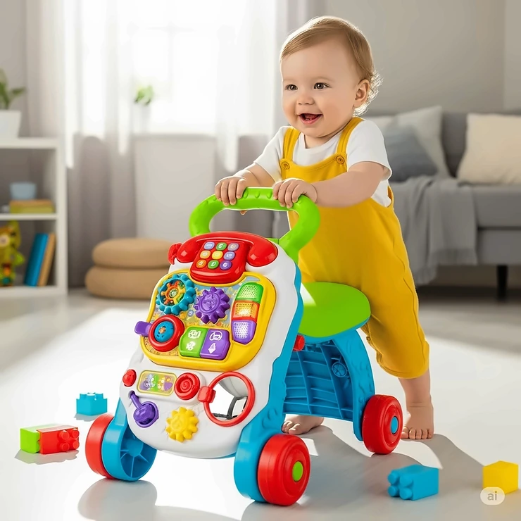 A one-year-old uses a multi-functional push walker and ride-on toy with an activity panel to take their first steps.