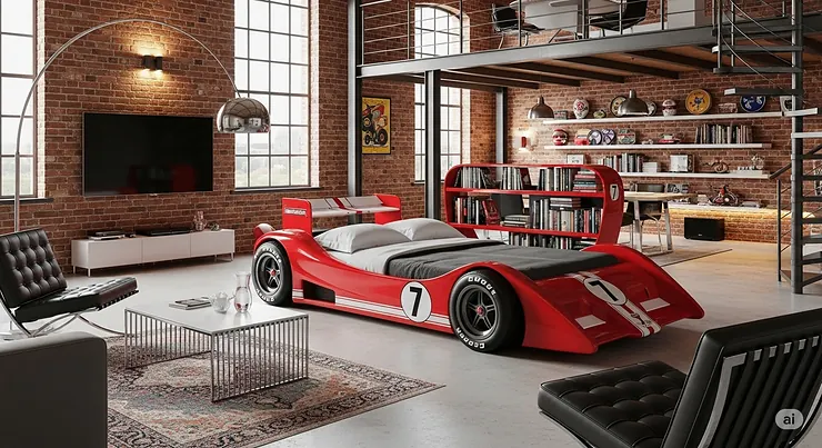 A race car bed for adults creatively integrated into an open-plan loft apartment, serving as a unique centerpiece.