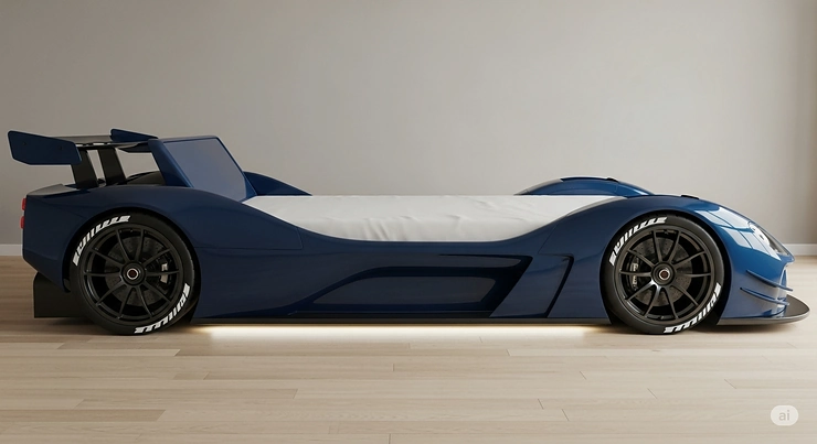 A full side view of a race car bed for adults, emphasizing its low profile and aerodynamic shape.