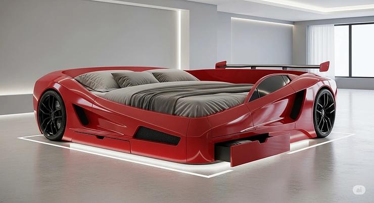 A modern race car bed for adults featuring a sleek, red design with built-in storage.