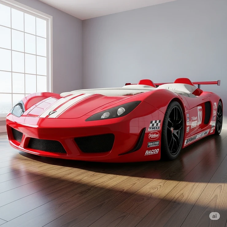 High-resolution image of a vibrant red king size race car bed from an angle, emphasizing its glossy, scratch-resistant finish.