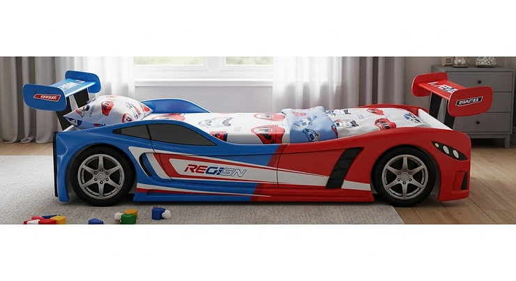 A side-profile view of a race car bed, emphasizing its low height and raised side panels for a safe, secure sleeping experience for children.