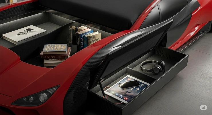 A detailed shot of the hidden storage compartments within a race car bed for adults, perfect for books or electronics.