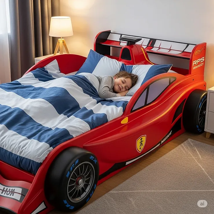 An example of a child happily sleeping in a king size race car bed, showing its comfort and safety features for a great night's rest.