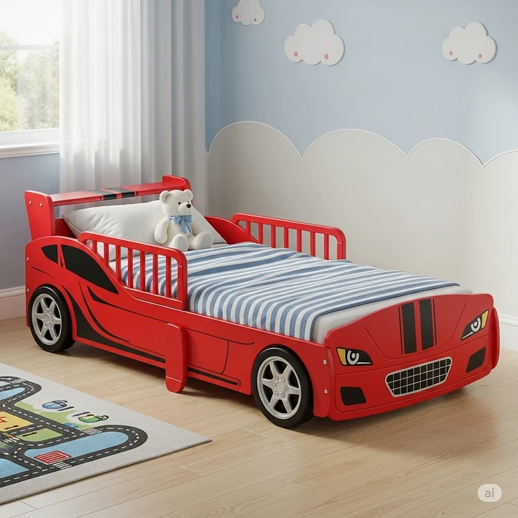 A cute toddler-sized race car bed in a nursery, showing the low-profile design and safety railings perfect for a little one's first big-kid bed.