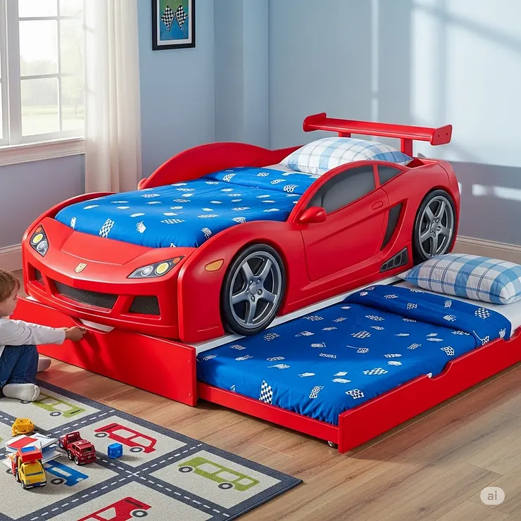 A red race car bed with a pull-out trundle bed, ideal for sleepovers and accommodating a second child in a compact space.