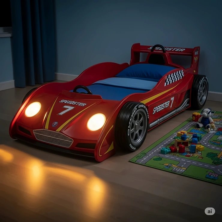 A thrilling toddler race car bed with working LED headlights, which can also be used as a nightlight.