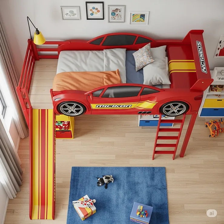 An overhead view of a unique red race car loft bed that includes a fun slide and ladder, creating an exciting playground for kids.