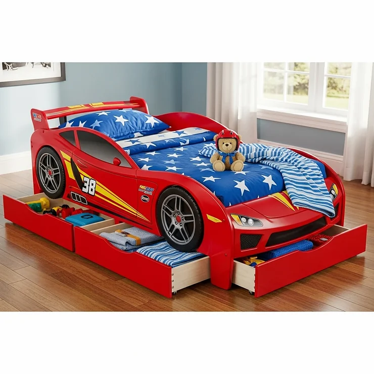 The best toddler race car bed with built-in storage drawers, perfect for organizing toys and bedding.