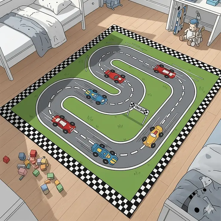 An illustration of a children's bedroom with a large, race car-themed rug on the floor, featuring a winding race track with toy cars, a checkered flag border, and colorful toys scattered nearby.