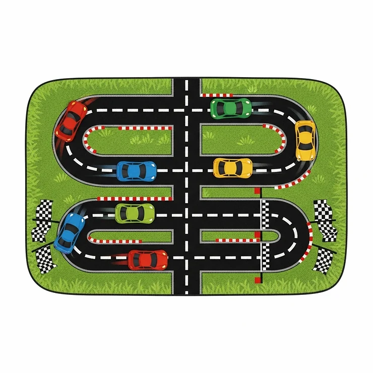 An overhead illustration of a rectangular race car rug with rounded corners on a white background, showing a black race track with a winding, figure-eight design and colorful toy race cars.