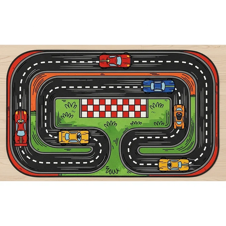 A colorful illustration of a race car rug on a wooden floor, featuring a cartoonish black race track with a red and white checkered finish line and multiple toy race cars in red, blue, and yellow.