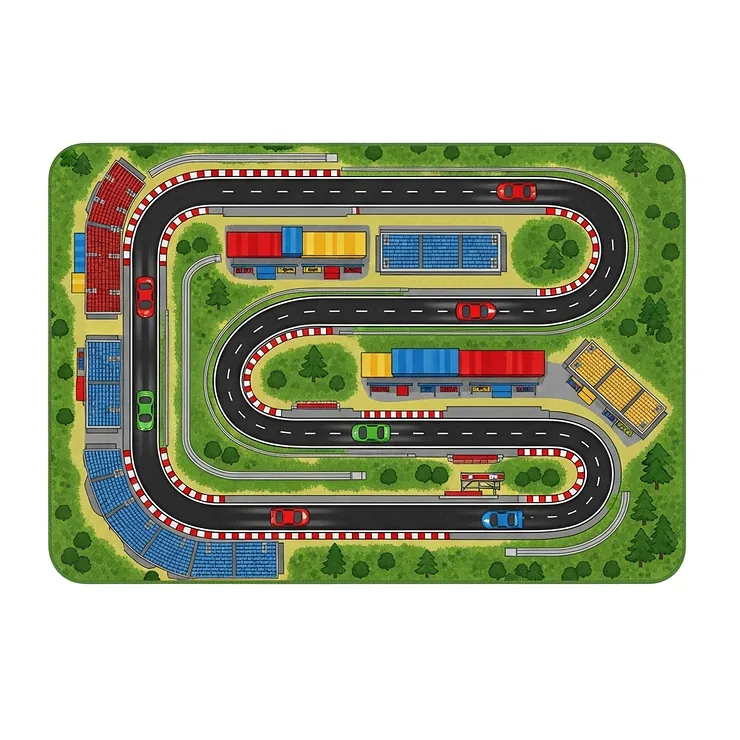 An illustration of a race car rug featuring a detailed, complex race track with grandstands, pit lane buildings, and small trees, all set on a vibrant green background.
