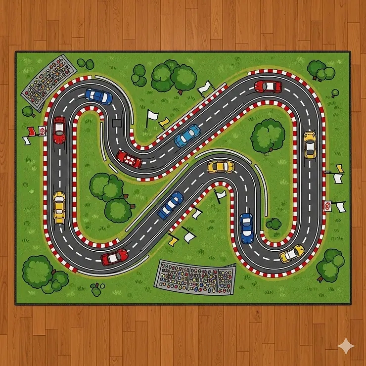 An aerial view illustration of a race car-themed rug on a hardwood floor, with a winding track surrounded by green grass, trees, and small flags.