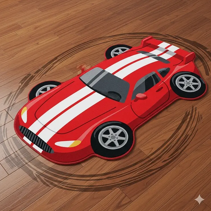 A whimsical illustration of a red, race car-shaped rug with white racing stripes on a wooden floor, with subtle tire marks around it.