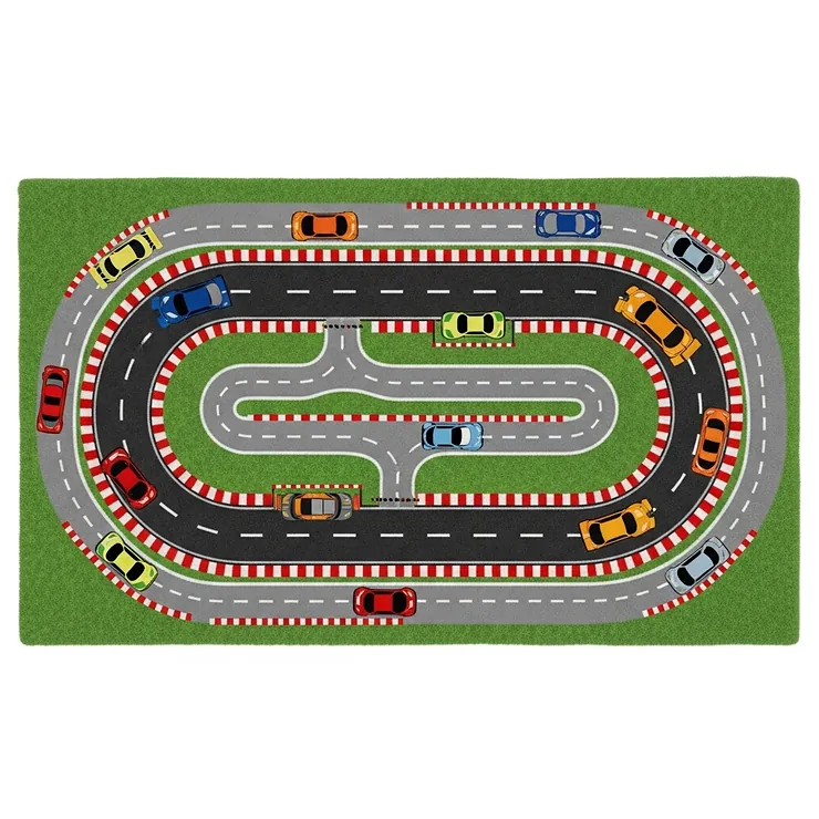 An overhead illustration of a race car rug on a wooden floor, designed with an oval race track, a pit stop area, and multiple colored toy cars.