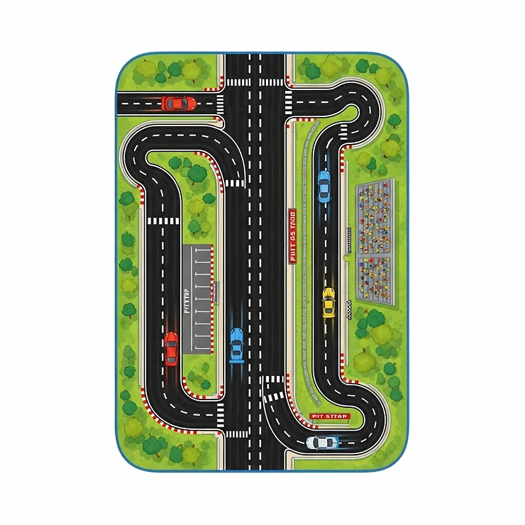 An illustration of a race car rug featuring a complex track design with a pit stop and grandstand, surrounded by green grass and trees on a white background.