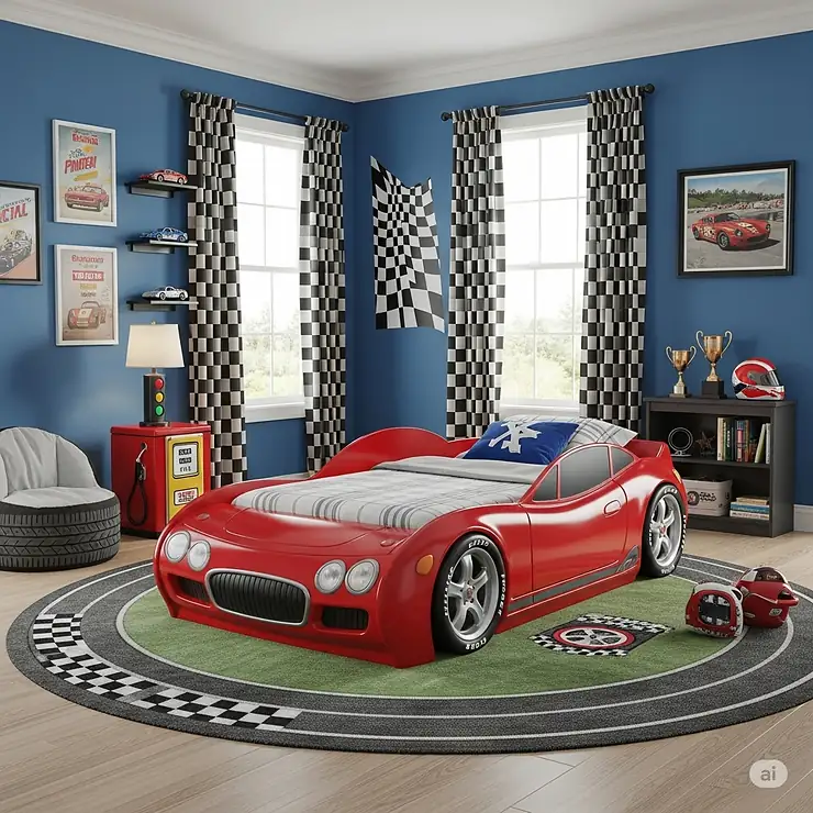A full size car bed as the centerpiece of a race car-themed bedroom, complete with checkered flag curtains and car-themed accessories.
