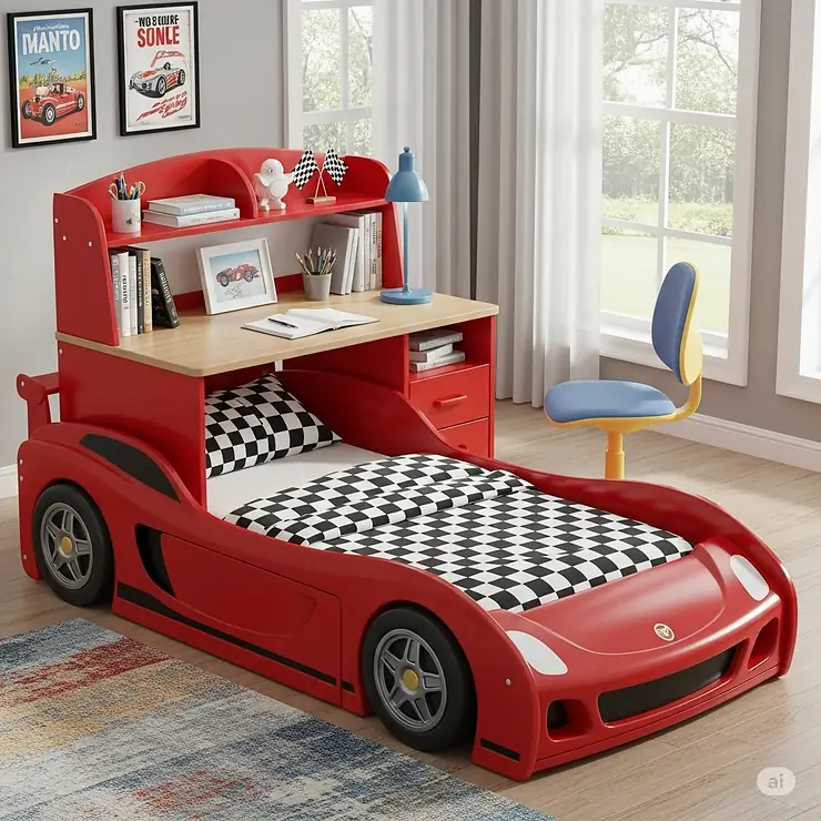 A creative combination of a racecar bed and an integrated study desk, making it a complete solution for a child's bedroom and homework space.
