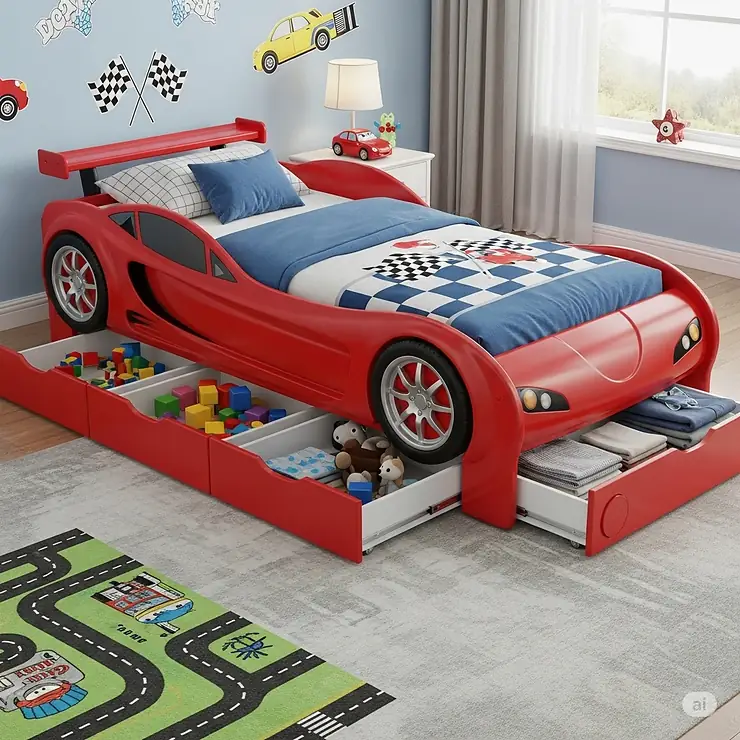 An image of a racecar bed with built-in storage drawers underneath, illustrating its functional design for organizing toys and clothes in a child’s room.