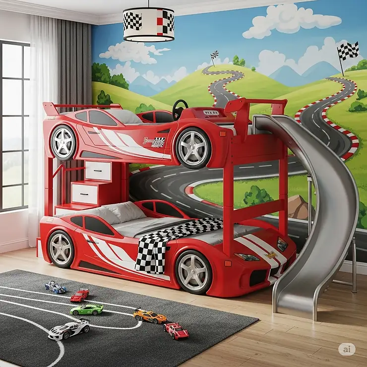 A unique racecar bunk bed with a slide, perfect for siblings or sleepovers, is displayed in a playful and adventure-themed bedroom.
