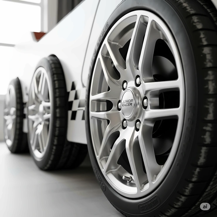 A detailed close-up shot of the realistic-looking tires and alloy wheels on a child's racing car bed, highlighting the quality craftsmanship.