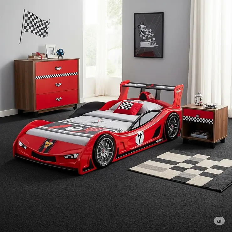 A complete bedroom set featuring a racing car bed, matching dresser, and nightstand in a coordinated red and black theme.