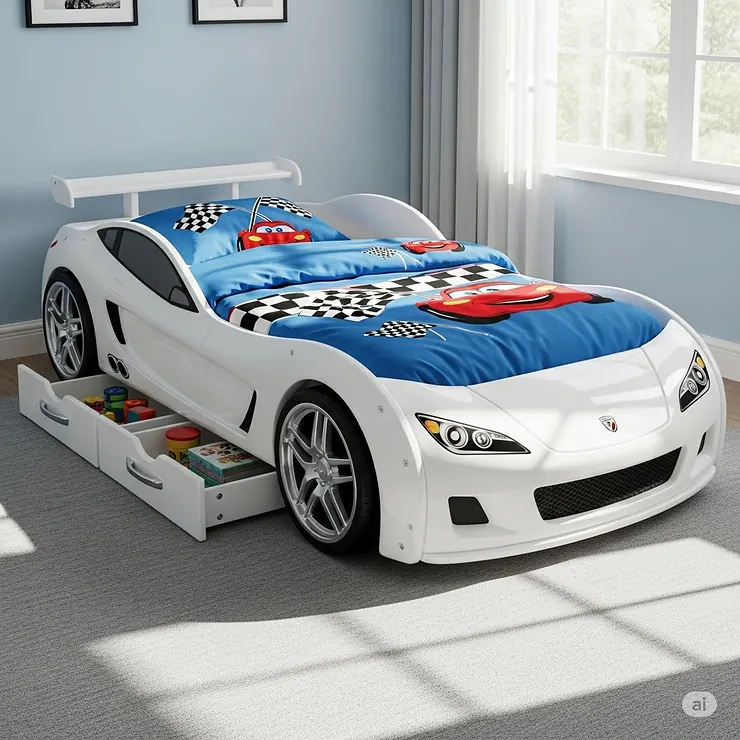A white child's racing car bed that includes built-in storage drawers under the hood, offering a practical and playful solution for keeping a room tidy.