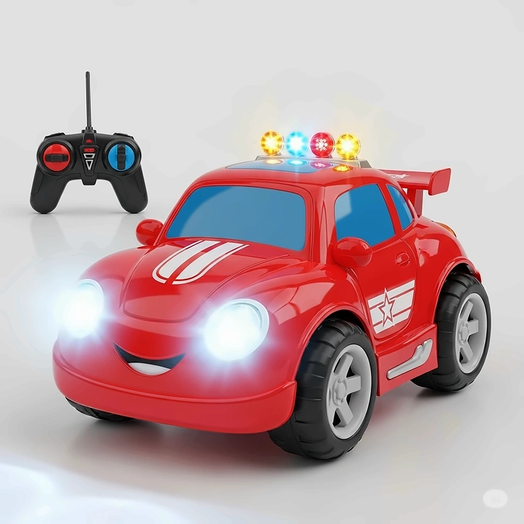 A bright red RC car for 5-year-olds with LED headlights and blinking lights, designed to be visually appealing.