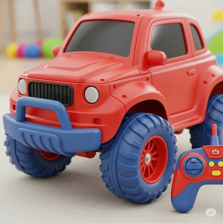 Close-up of a durable remote control car for kids, highlighting its robust, shock-proof design and soft, rounded edges to ensure it's safe for a 5-year-old to play with.