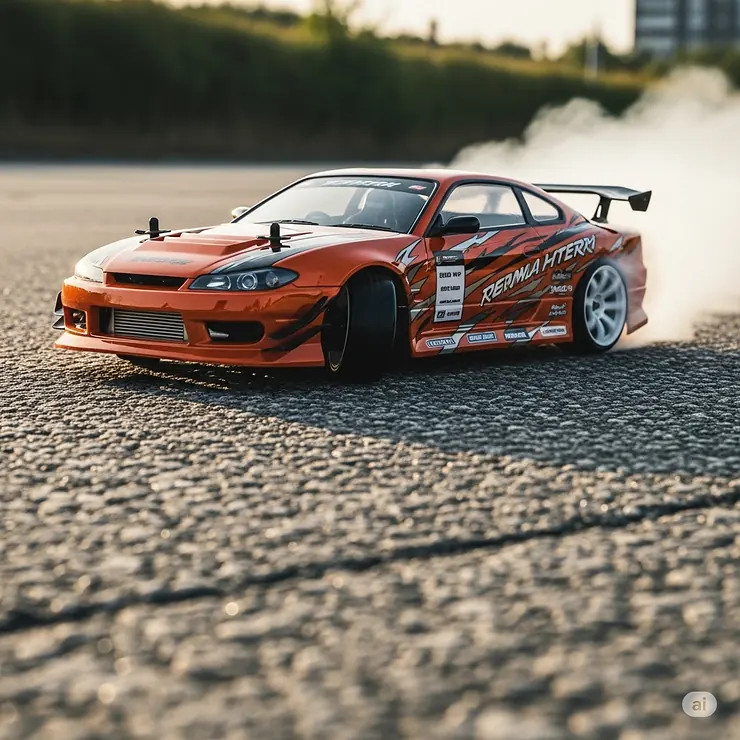 A remote-controlled toy sports car doing a drift on a paved surface.