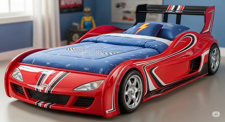 A close-up of a twin-size race car bed for boys, showcasing its glossy red paint and spoiler.