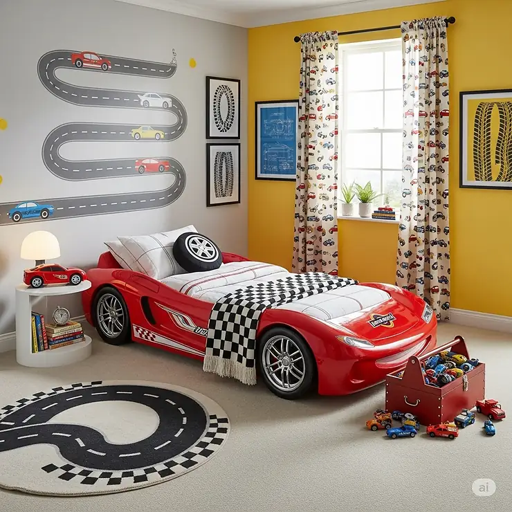 A vibrant red racecar bed is the centerpiece of a modern and fun kids' room, complete with automotive-themed decor, showing how it can be a stylish and exciting addition to any child's bedroom.