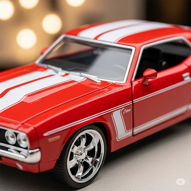 Close-up of a bright red toy muscle car with authentic racing stripes and detailed chrome wheels, perfect for children and collectors alike.