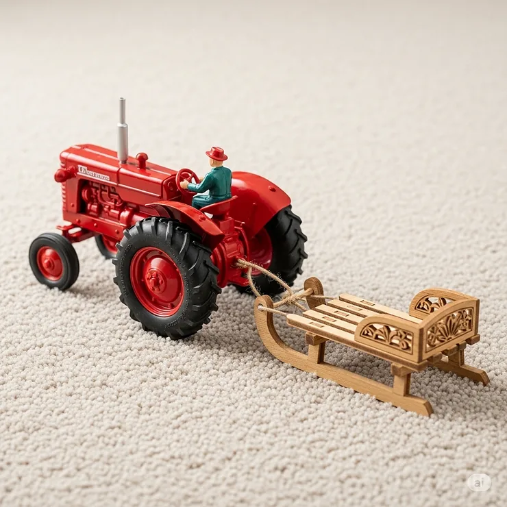 A bright red farm toy tractor pulling a small wooden sled across a carpet.